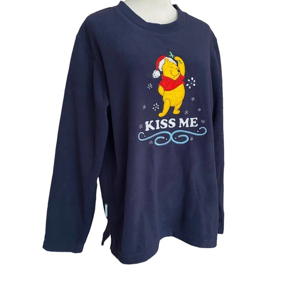 Winnie The Pooh Size LARGE Navy Christmas Mistle toe Fleece Pullover - Picture 3 of 6